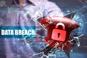 A person in a boxing glove punching a lock graphic next to the words data breach.