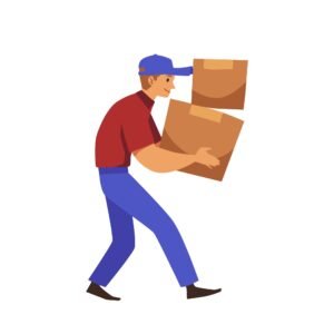 A cartoon depiction of a worker carrying a couple of boxes