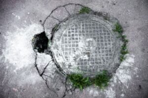 Manhole cover on a cracked pavement