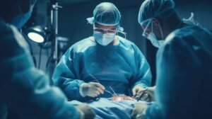 An operating room with a team of surgeons performing a procedure. 