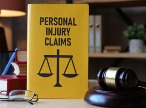 a personal injury law book stood upright on a desk next to a gavel hammer