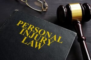 A black book with the words 'personal injury law' written on it in gold text.