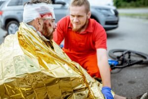 The victim of a car accident is helped by an emergency service worker. 