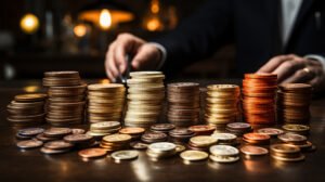 Criminal injuries compensation represented by piles of gold and bronze coins in front of a solicitor. 