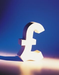 A pound sterling symbol with a blue background to represent compensation in accident abroad claims.