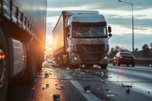 A lorry with a damaged windshield driving down a road