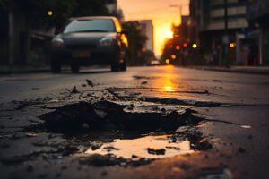 A large pothole on a road with a sunset and car in the background.