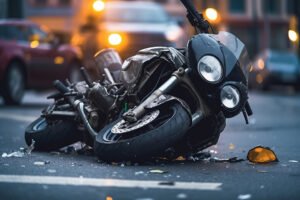 A motorcycle on its side on the road following an accident. 