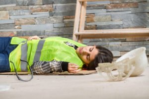 Woman in hi-vis lying on the ground after a fall accident.