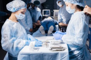 A busy surgery suite with a patient lying on an operating table.