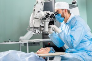 An ophthalmologist uses a machine to check a patient's eyes