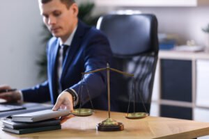 A solicitor working on a roll cage trolley accident claim in his office surrounded by legal texts and a set of justice scales.