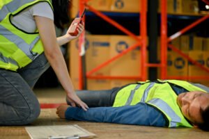 A worker kneels over an injured colleague.