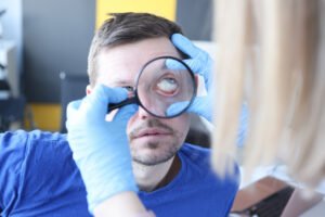 A man with an eye injury being examined with a magnifying glass.