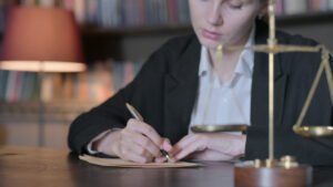 A No Win No Fee solicitor at a desk with scales working on an eye injury claim. 