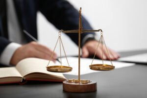A solicitor takes notes while assisting a client with a crane accident claim.