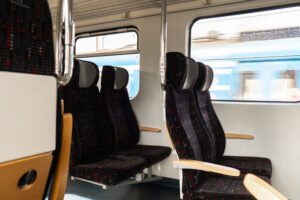 An interior view of an empty train carriage 