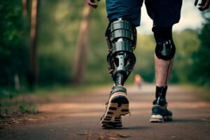 A person with a prosthetic limb walking through a forest