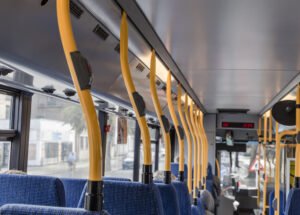 The interior of an empty public bus