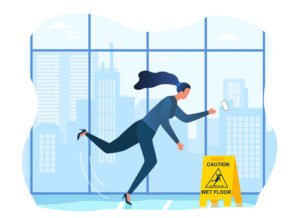 A woman slipping on a wet floor in a high rise building