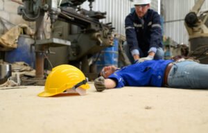 A unconscious worker of the ground with a discarded safety helment.